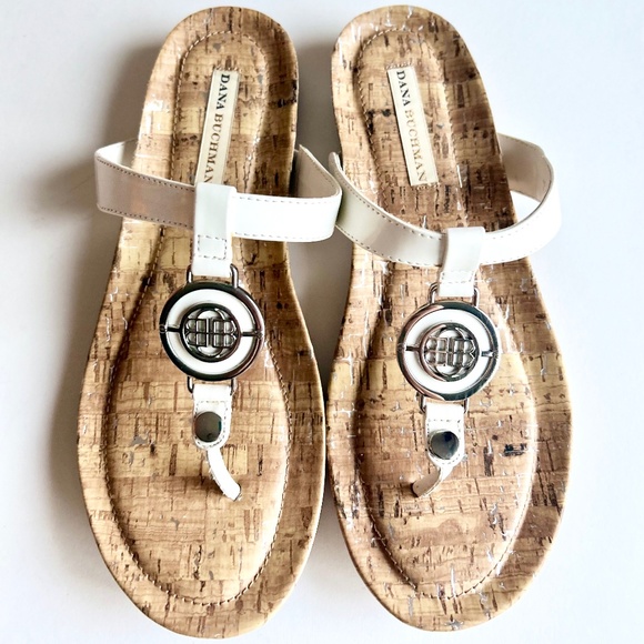 Dana Buchman White Leather Cork Rubber Outsole Flip Flops size 7.5 - Picture 4 of 14